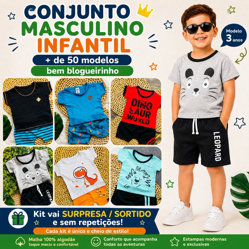 kit 10 peças de roupa infantil masculina sortidas camisetas e shorts - kit com 5 conjunto menino blogueirinho