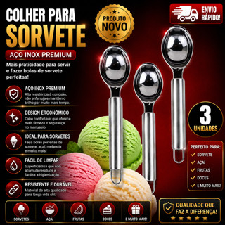 Conjunto 3 e 1 Colher Para Sorvete e Açaí Concha de Sorvete Aço Inox Sorveterias