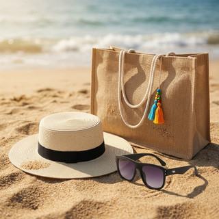 Kit Completo Praia Feminino Bolsa De Palha Chapéu Com Fita Preta E Óculos MD17 UV