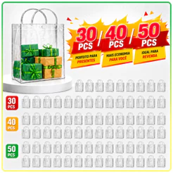 30/40/50 Sacolas de Presente PVC Reforçado Transparente com Alça para Aniversário, Casamento e Lembrancinhas