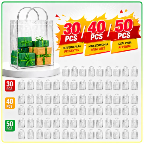 30/40/50 Sacos de Presente em PVC Transparente com Alças Reutilizáveis para Aniversário Casamento e Lembrancinhas