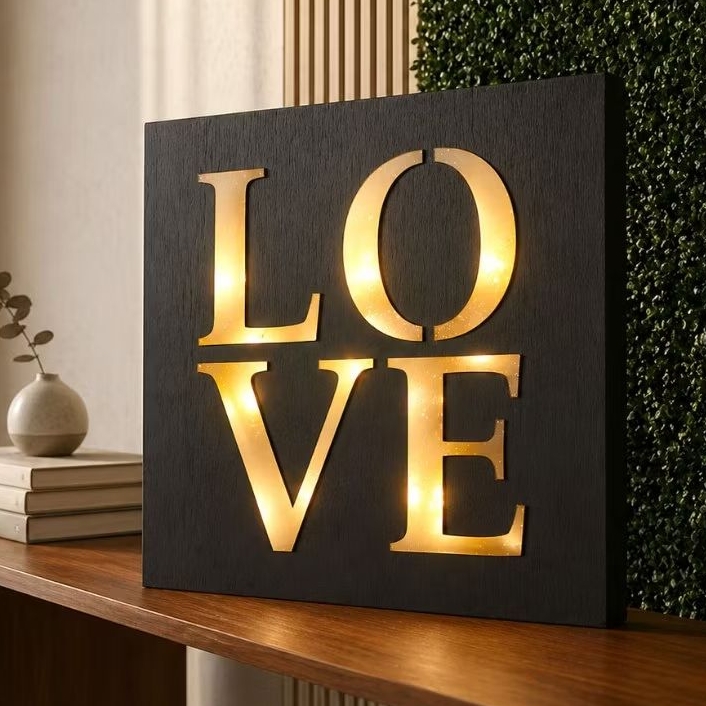 Quadro Mdf Madeira Love Amor com 8 Leds Branco Quente - 34x34x3cm - Decoração Sala Quarto Luminária Placa Luminosa
