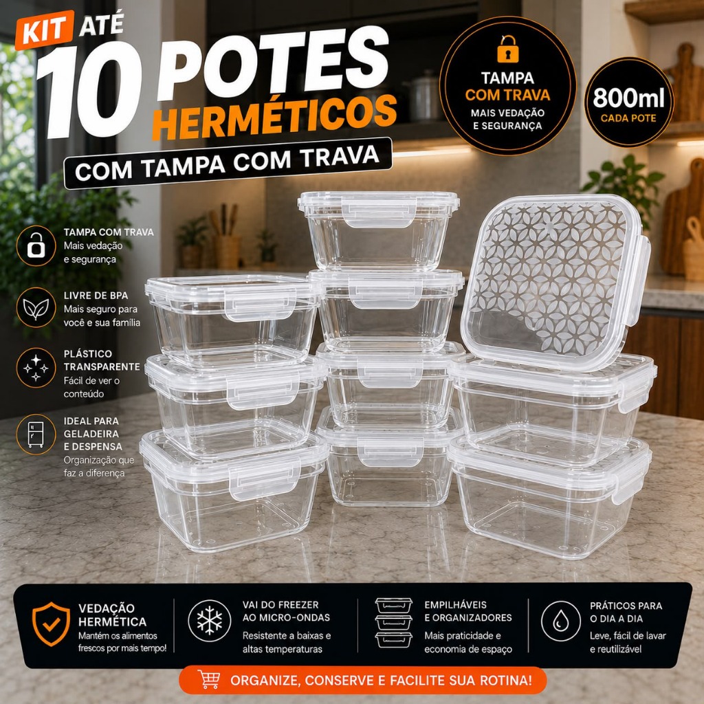 Kit até 10 Potes Herméticos Transparentes e colorido Com Tampa e Trava 800ml