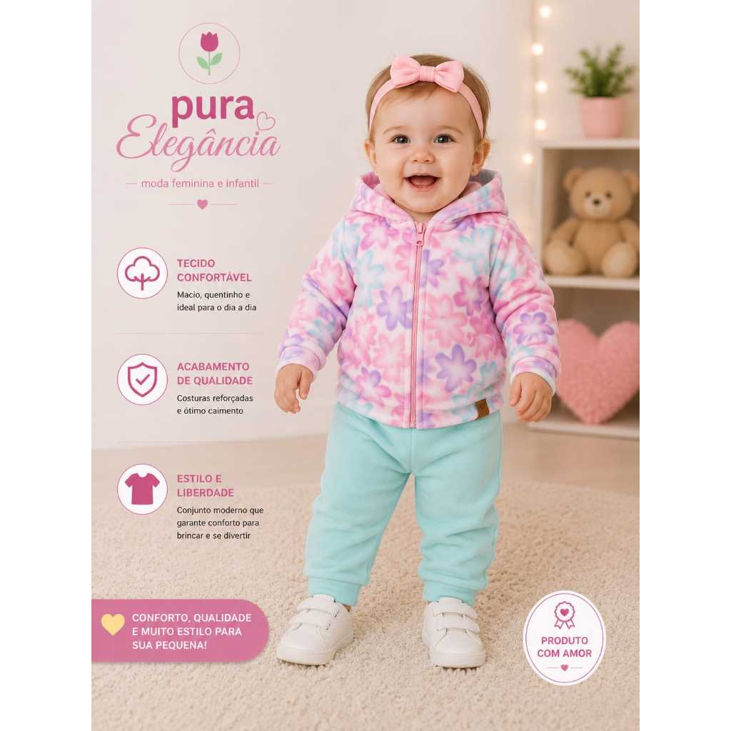 Conjunto Infantil Feminino Duzizo Plush Estampado e Calça Tamanho M (6 - 8 meses)