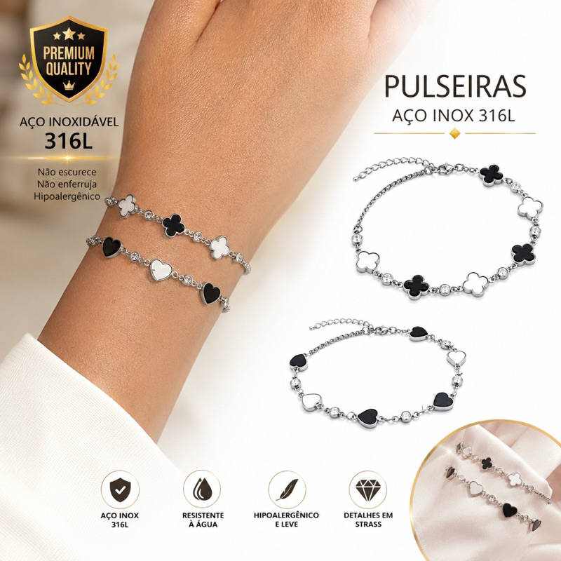 Pulseira Feminina Aço Inoxidável 316L Regulável 22cm Borboleta Coração Trevo com Strass Antialérgica Lu