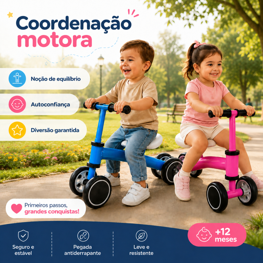 Bicicleta Sem Pedal Equilíbrio Andador Infantil Bebe 4 Rodas Desenvolvimento Segurança Resistencia