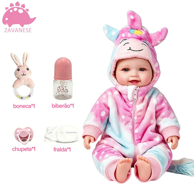 Reborn boneca cartoon unicorn set 48cm completo silicone crianças bonecas