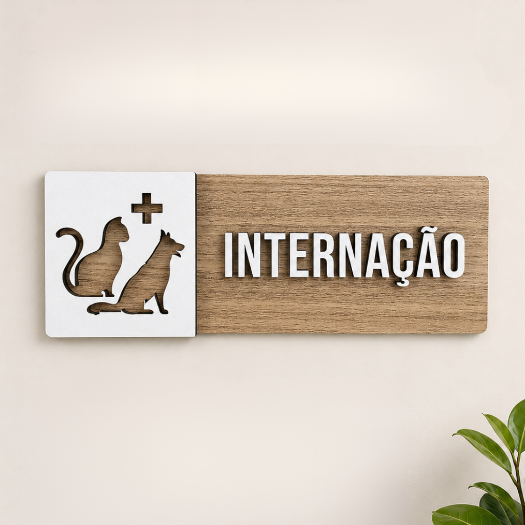 Placa Sinalização Internação Pet Indicativa em MDF Clínica Veterinária Pet Shop Consultório