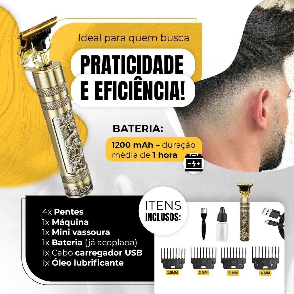 Máquina de Acabamento Profissional Sem Fio Recarregável USB – Aparador de Barba, Cabelo e Contornos com 4 Pentes de Cort