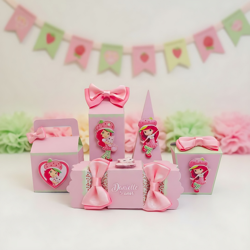 KIT FESTA MORANGUINHO LEMBRANCINHA DE ANIVERSÁRIO INFANTIL CAIXINHA PERSONALIZADO COM NOME E IDADE