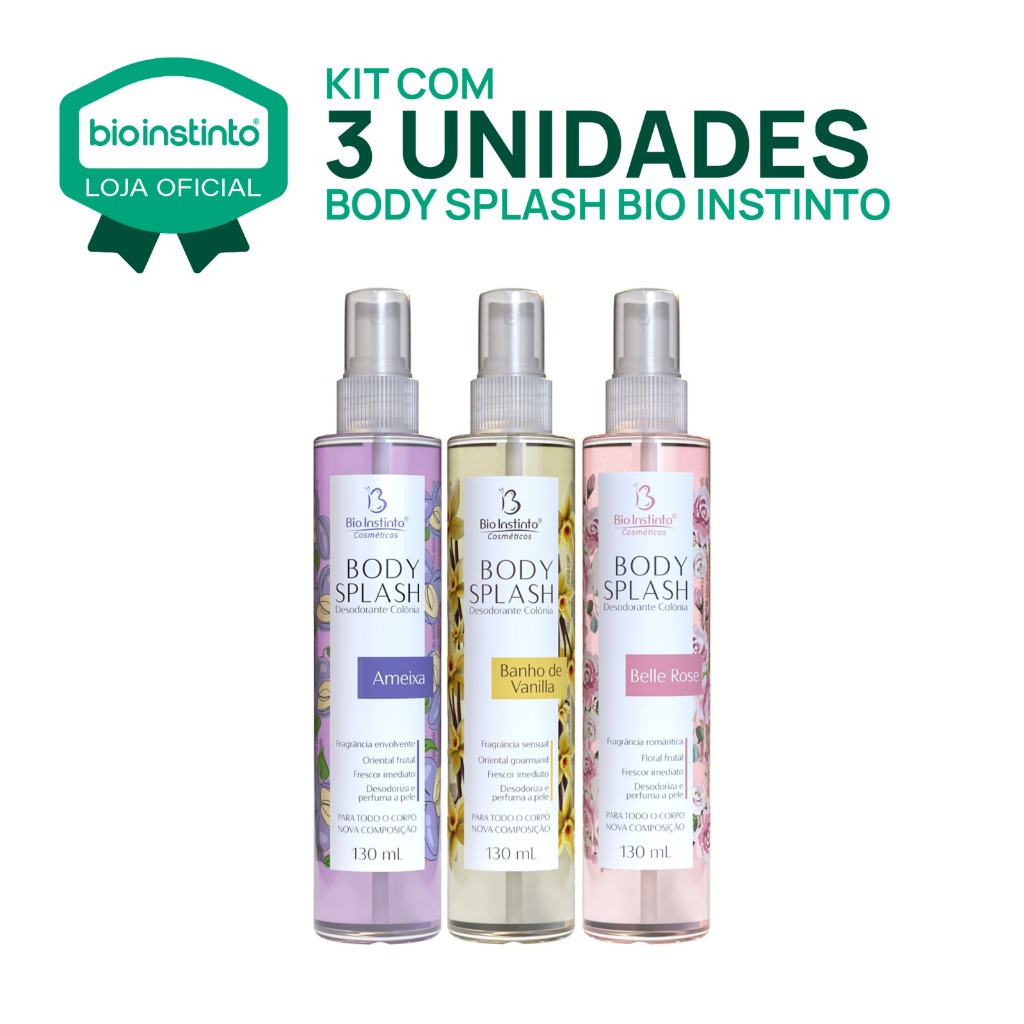 03 Body Splash Bio Instinto 130mL Colonia Desodorante Perfumada Marcante Feminina Delicada