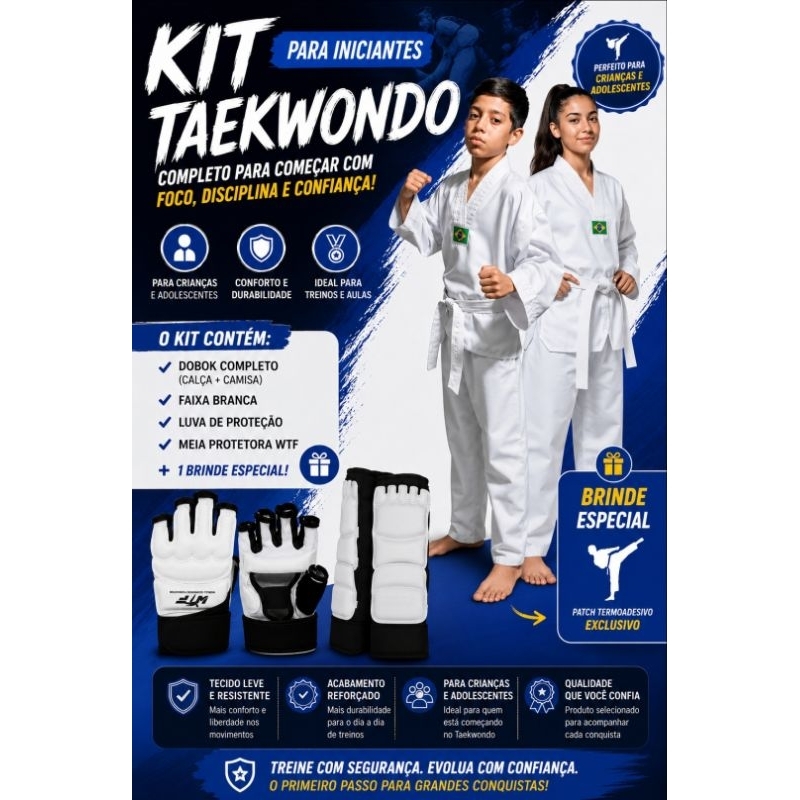 Dobok Taekwondo Completo Gabardine Leve + Luva + Meia Antiderrapante | Kit Iniciante