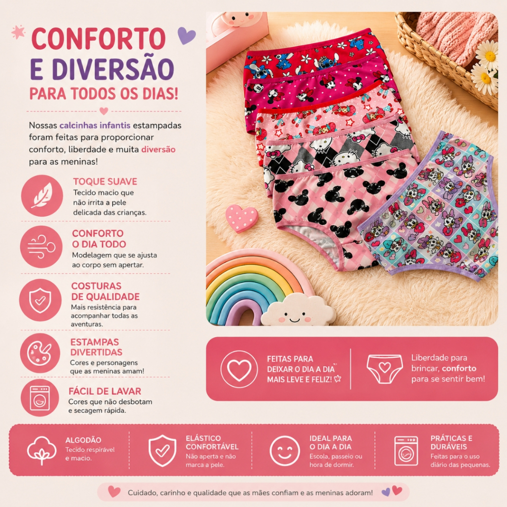 Kit Calcinhas Infantis Estampadas Bumbum Conforto Forro 100% Algodão Menina — imagem 2 de 2
