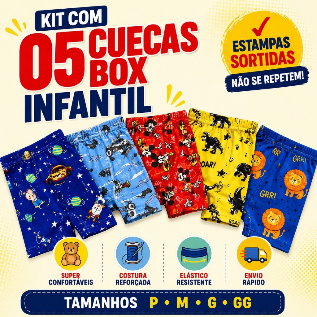 Kit Cueca Box Infantil De Criança | Cuecas com estampas sortidas para Menino Forrada personagens Microfibra