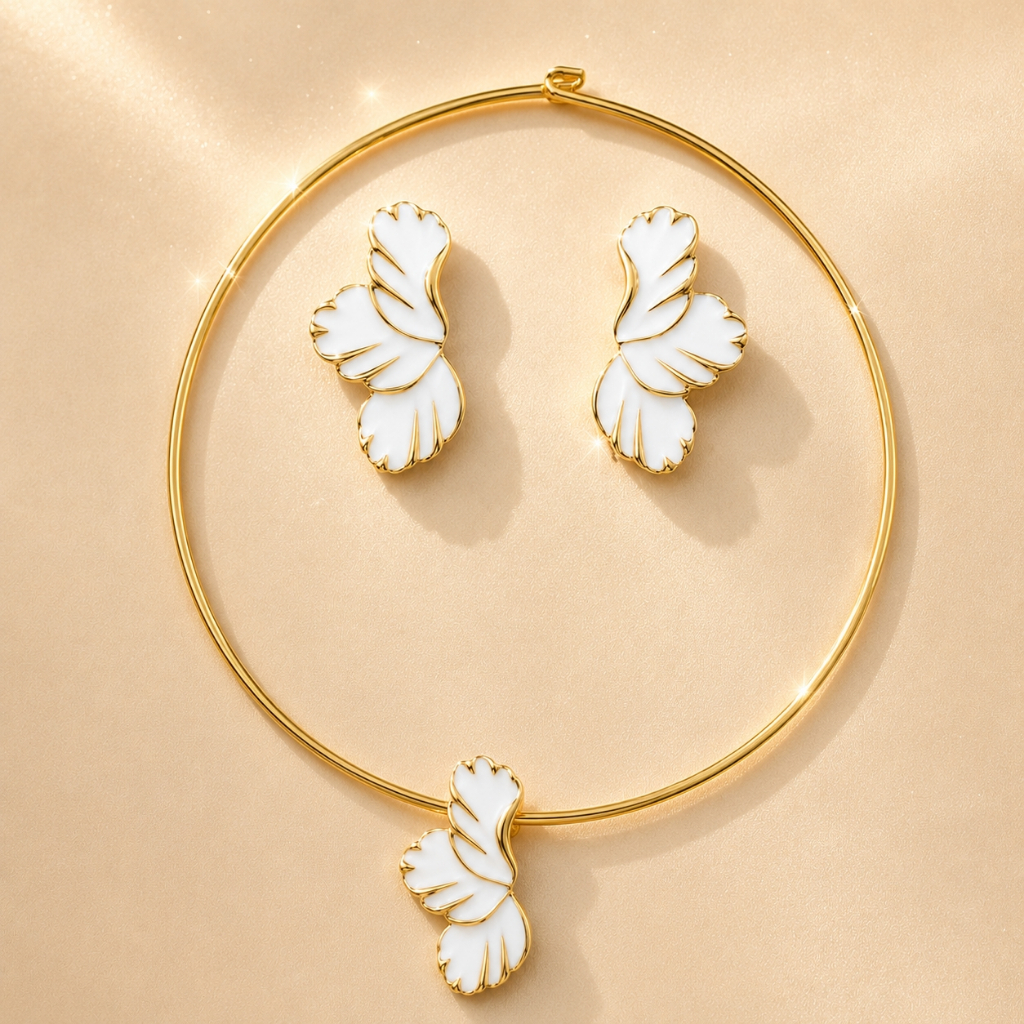 Conjunto Colar Choker Aro e Brincos Folha Orgânica Feminino Banhado Ouro 18K Elegante Luxo