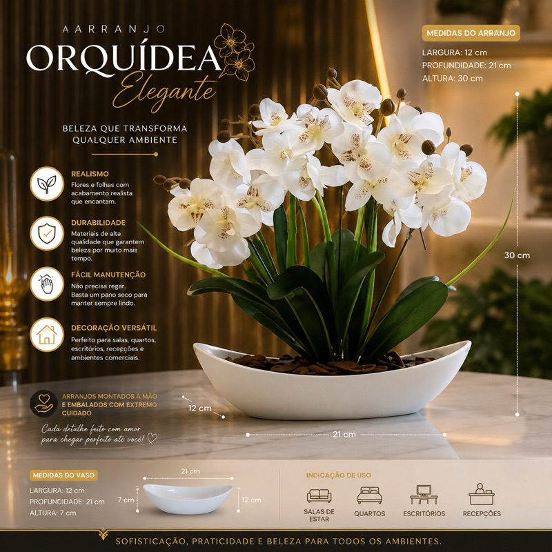 Arranjo de Orquídea Artificial Planta Decorativa Vaso e Casca Polida