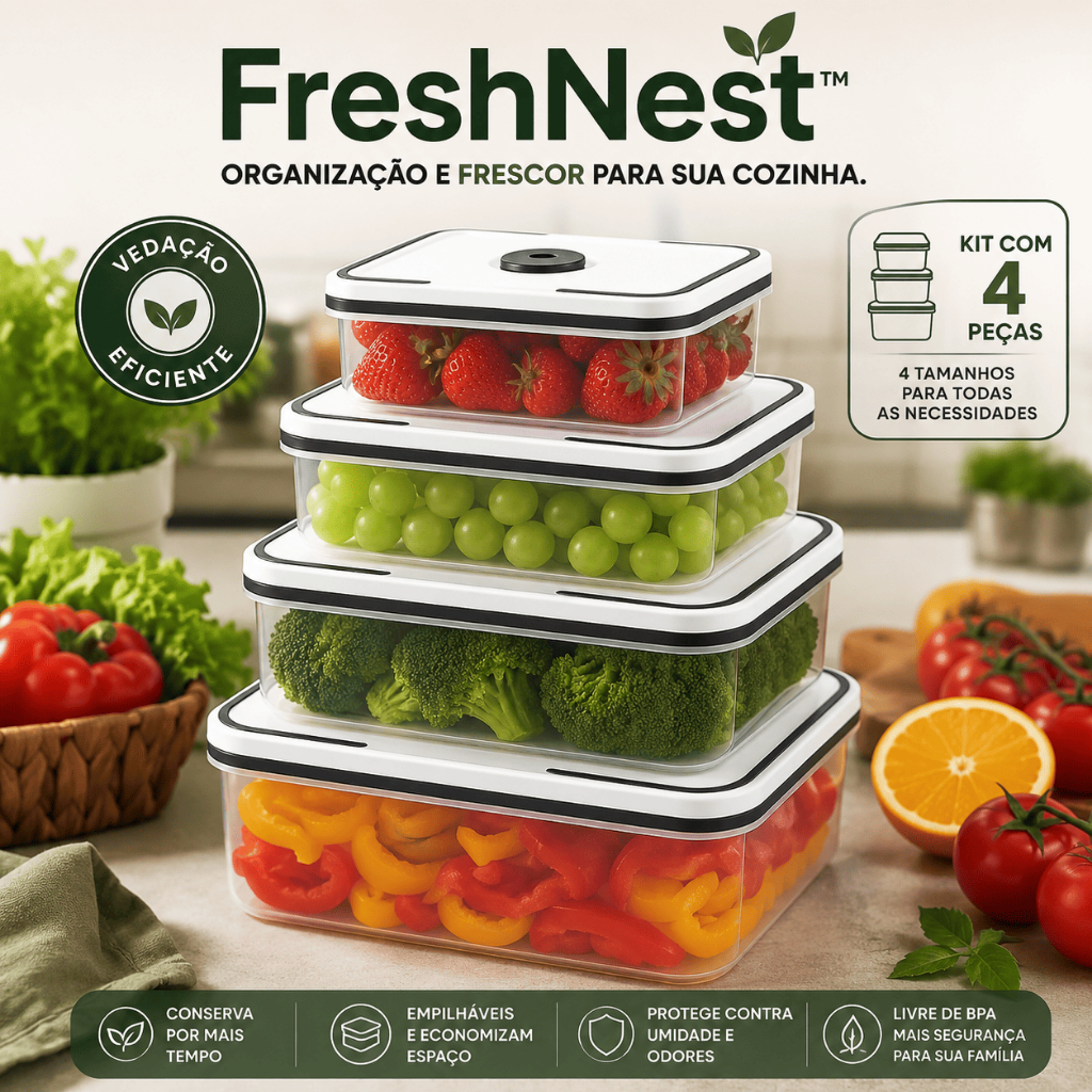Kit 4 Potes Herméticos com Tampa para Alimentos Plástico Transparente Empilhável Organizador de Geladeira FreshNest™.