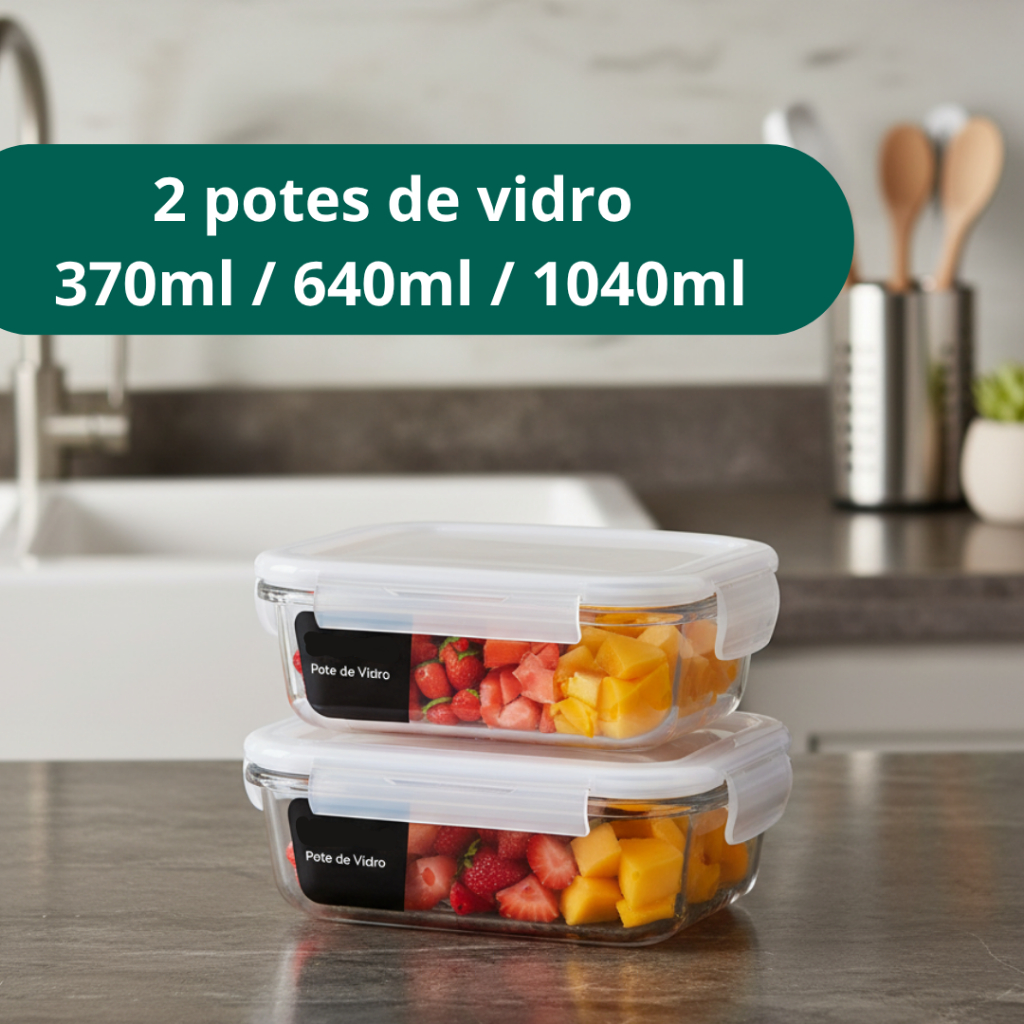 Potes de Vidro Hermético Mantimentos Unidade Marmita Fitness de 370ml, 640ml e 1040ml