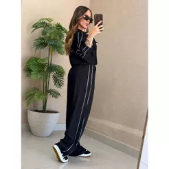 Conjunto Feminino Para Inverno Blusa Manga Longa c/ Zíper, Calça Reta Listrada Estilo Blogueira Esportiva.