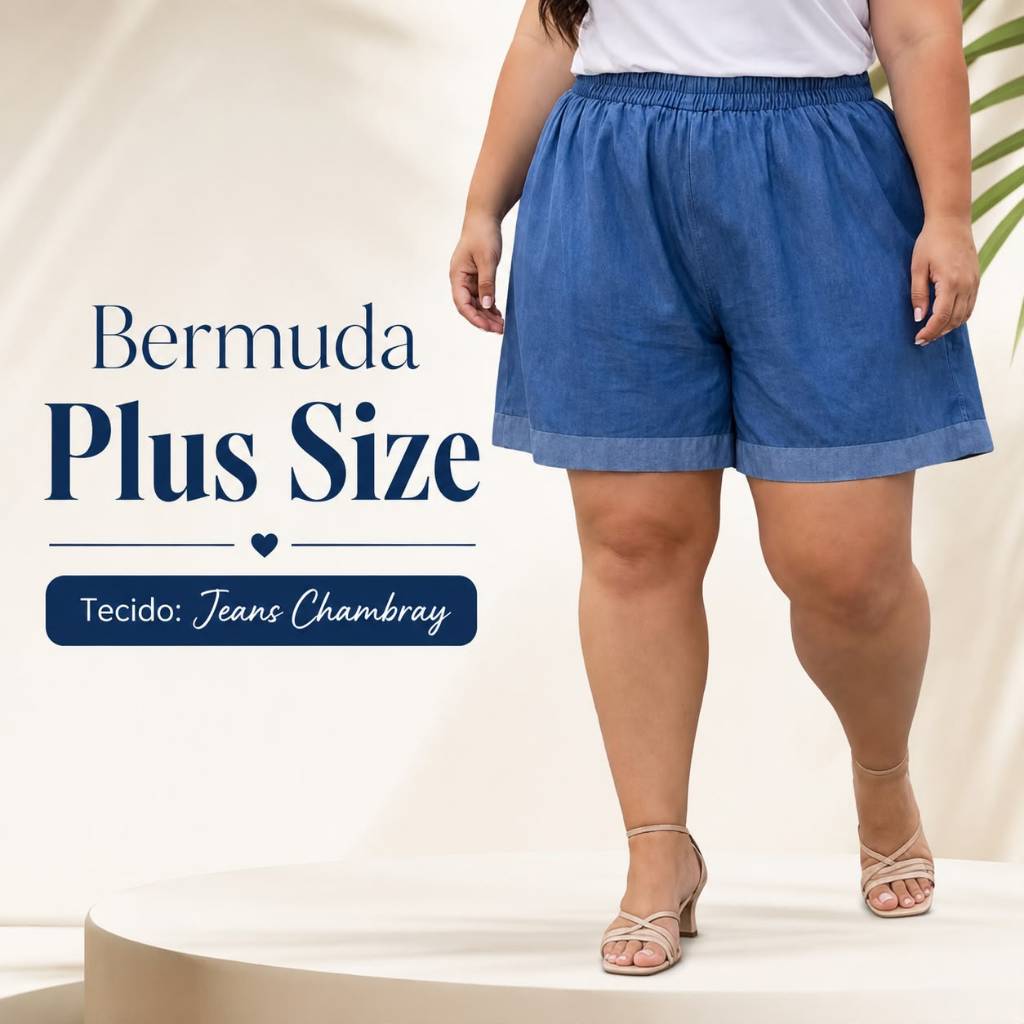 Bermuda Jeans Plus Size Cintura Alta Com Elástico Feminina Verão Short Elegante Estilosa