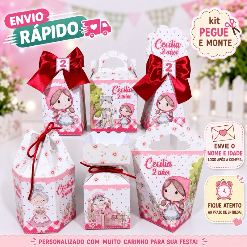 kit festa de aniversário CHAPEUZINHO VERMELHO lembrancinha caixinha personalizadas