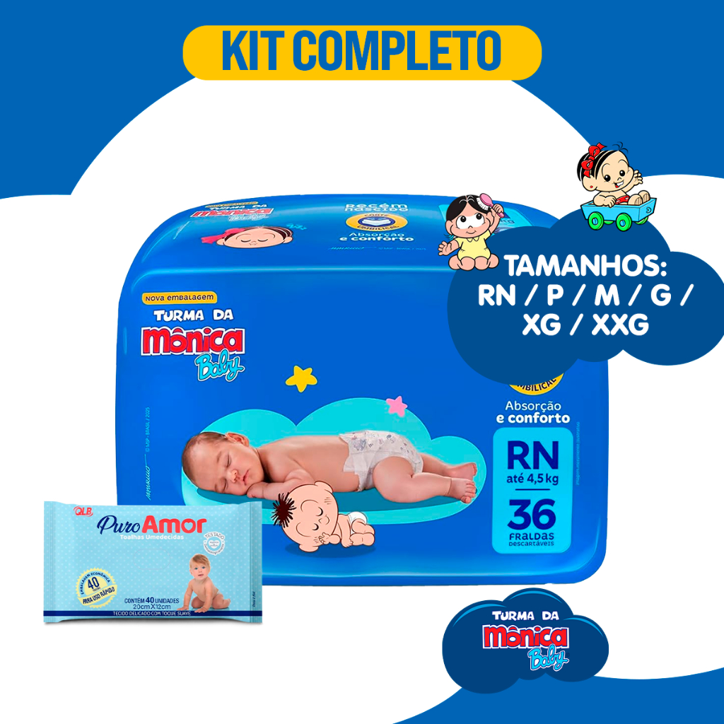 1 Pacote Fralda Descartável Infantil Turma da Mônica + 1 Pacote Lenço Umedecido Toalhas para Bebê