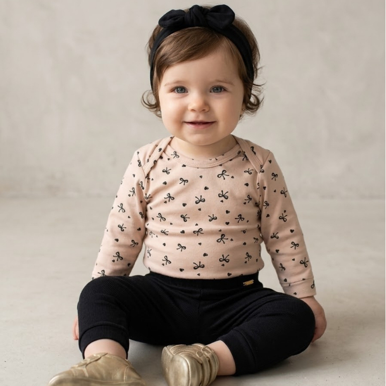 Kit 3 Peças Body Bebê Menina Laços Cotton + Calça + Faixa Cabelo Inverno Confortável Estiloso