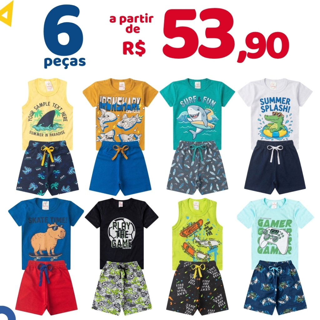 Kit 6 Peças Roupa Infantil Menino Verão Algodão Conjunto Sortido Masculino 3 Cam