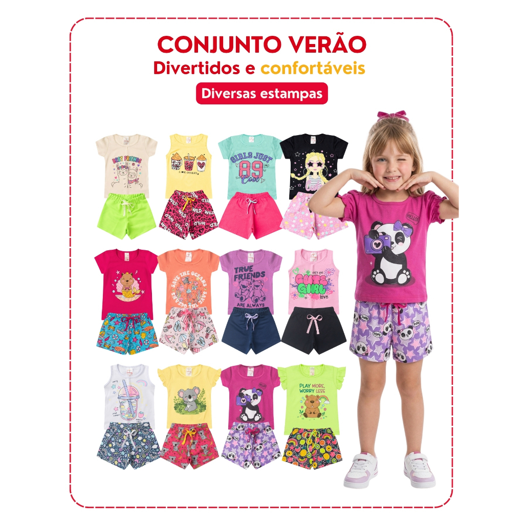 Kit 10 Peças Roupa Verão Infantil Menina Algodão Conjunto Verão Camiseta e Short do 1 ao 14 · foto 2