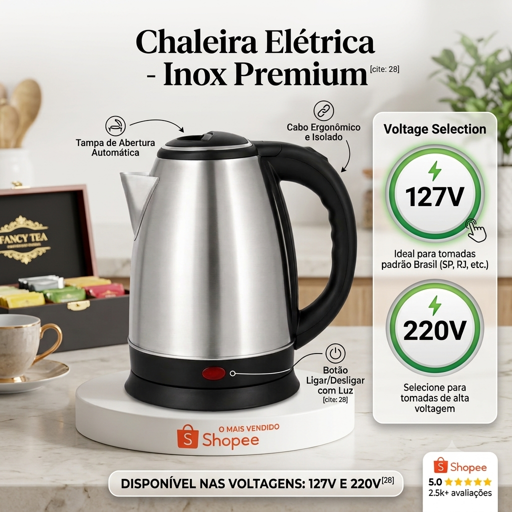 Chaleira Elétrica Therméa Prime Inox 1,8L 1000W Aquecimento Rápido Desligamento Automático 127V / 220v