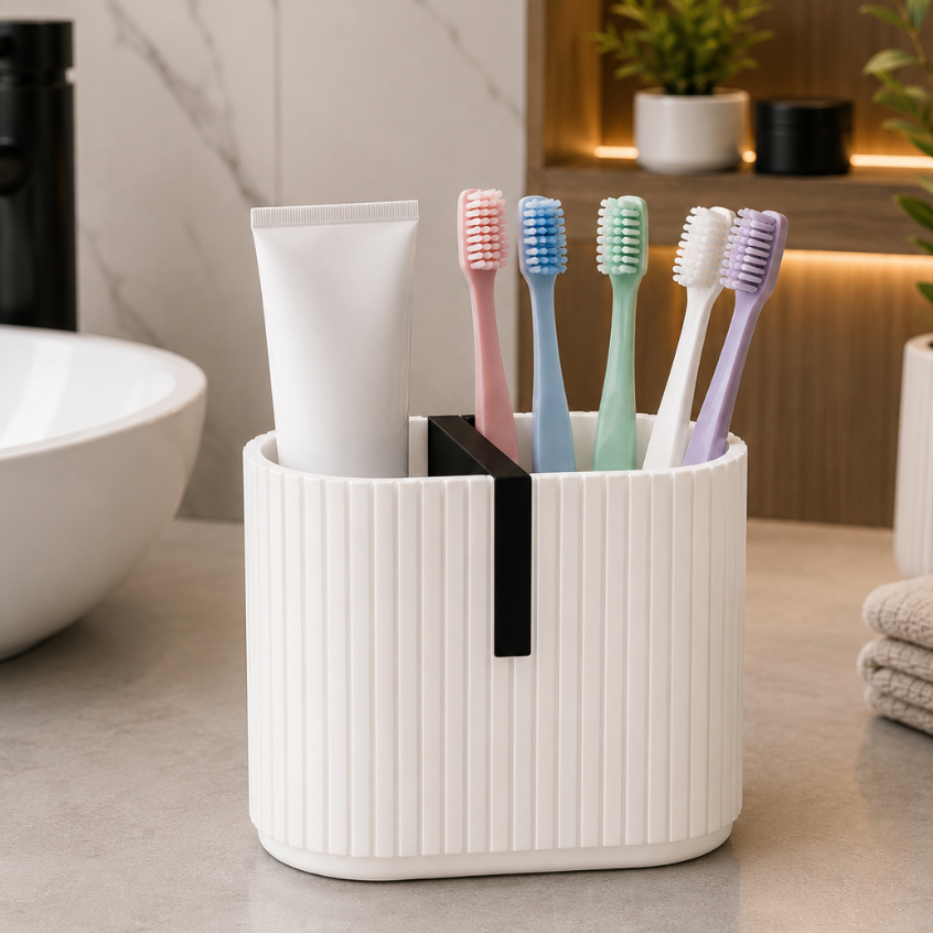 Porta Escovas e Creme Dental Duplo Minimalista - Organizador de Pia para Banheiro