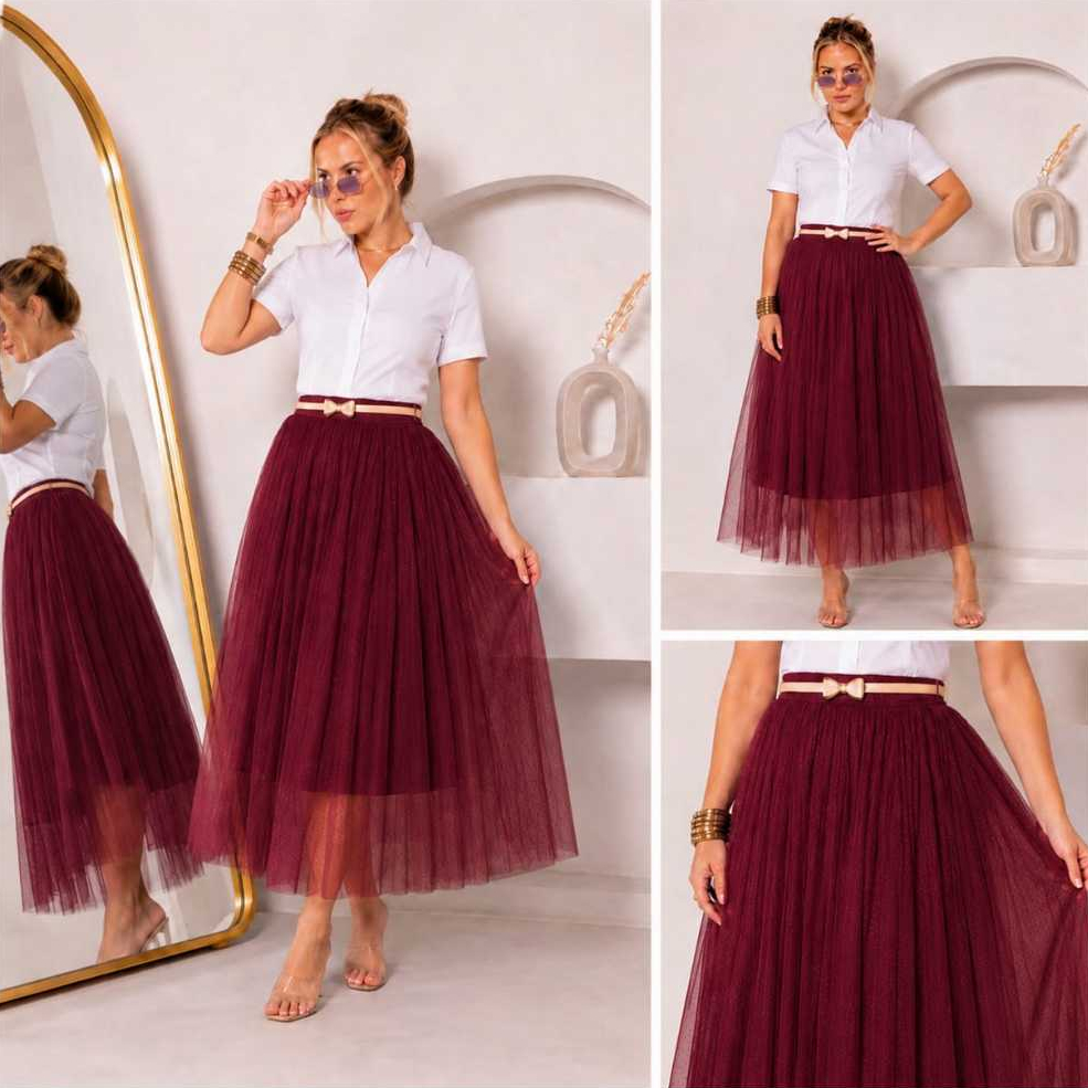 Saia Midi de Tule Cristal com Brilho Glitter Forrada Elegante Moda Evangélica Feminina
