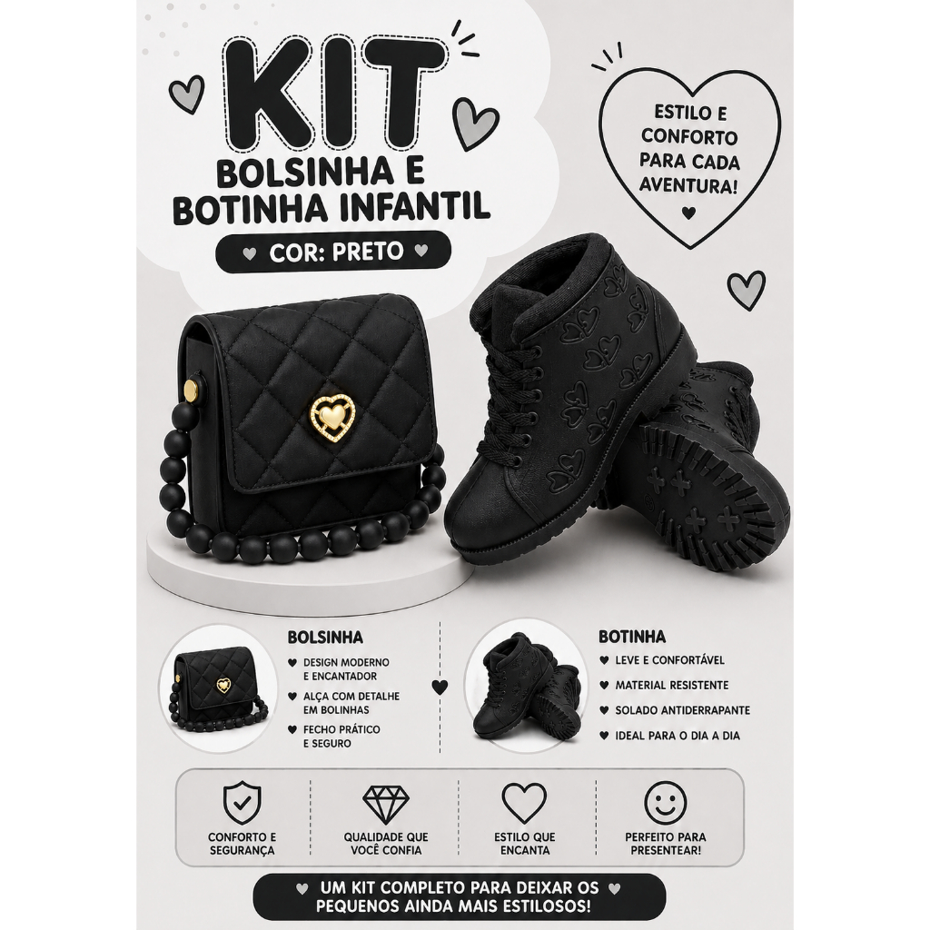 Kit Botinha Infantil Feminina + Bolsinha Menina Antiderrapante Conjunto Rosa, Preta ou Rosa BB Fashion Passeio Presente