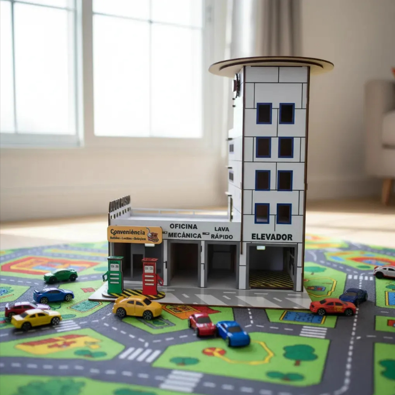 Mini Posto De Combustível Estacionamento E Garagem De Carrinhos Em MDF Adesivado Infantil Brinquedo Educativo