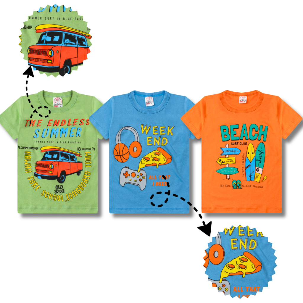 Kit Sortido 3 ou 5  Camisetas Manga Curta Estampada Masculina/Menino Infantil e Juvenil do 1 ao 14