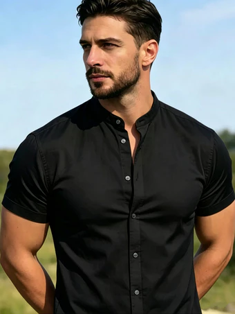 Camisa Social Masculina Gola Padre de Luxo Com Manga Curta Slim Fit Crepnho Tecido Premium