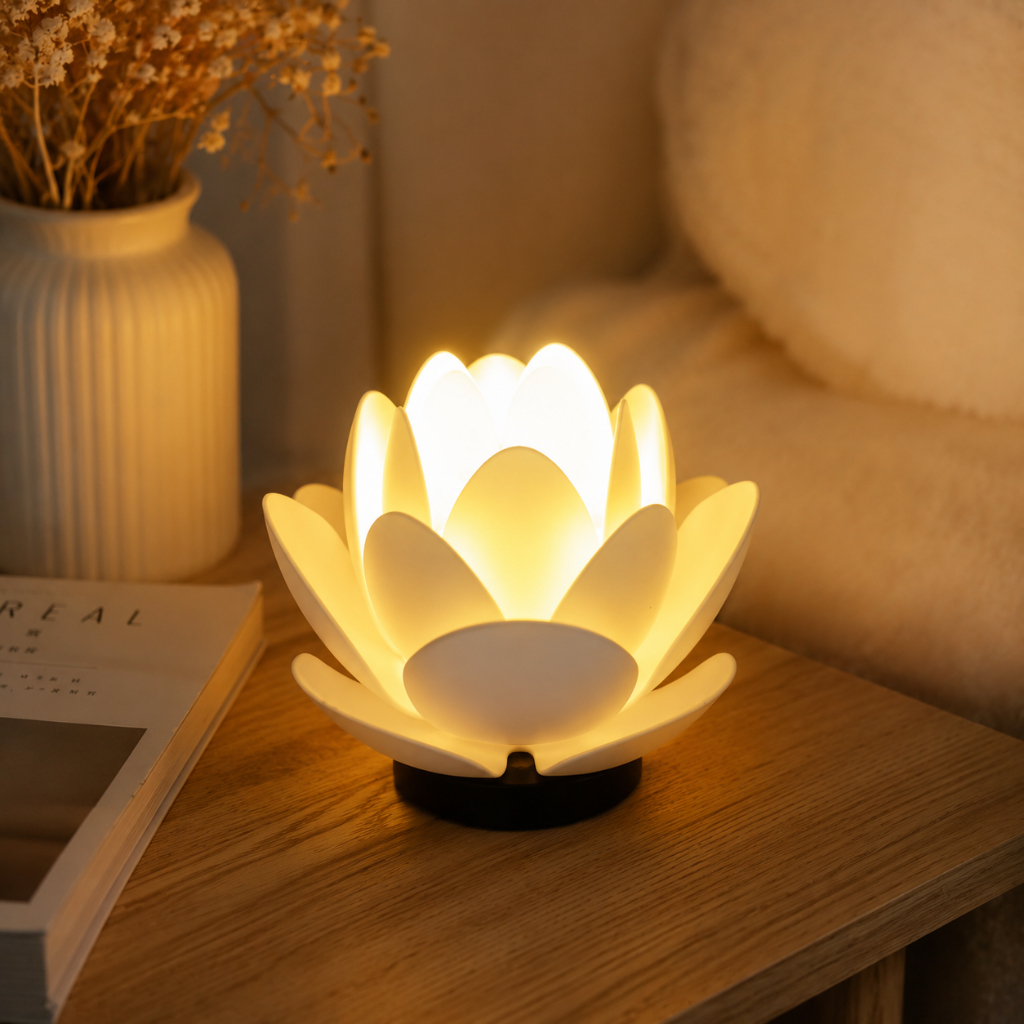 Imagem Luminária Flor de Lótus LED Decorativa – Pequeno Abajur de Mesa Zen para Quarto, Sala e Decoração