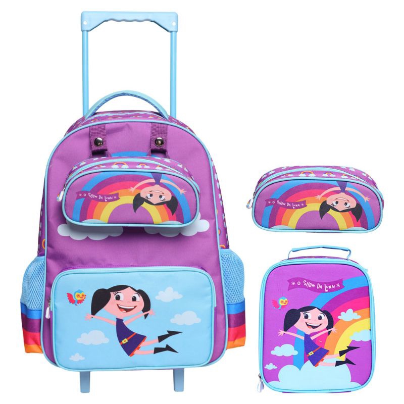 Kit Mochila Rodinhas O SHOW DA LUNA Arco Íris Brilhoso Infantil Escolar com Lancheira e Estojo Duplo