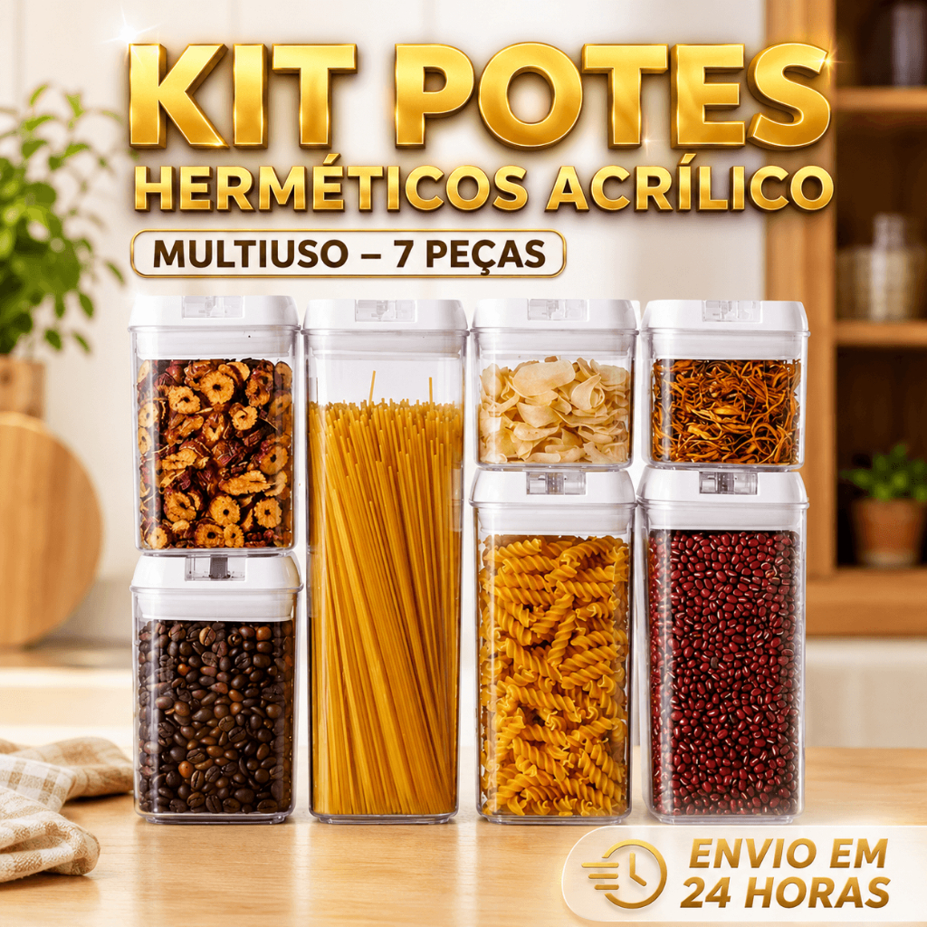 KIT POTES HERMÉTICOS ACRÍLICO 7 PEÇAS ORGANIZADOR MANTIMENTOS COZINHA TRANSPARENTE EMPILHÁVEL VEDAÇÃO HERMÉTICA
