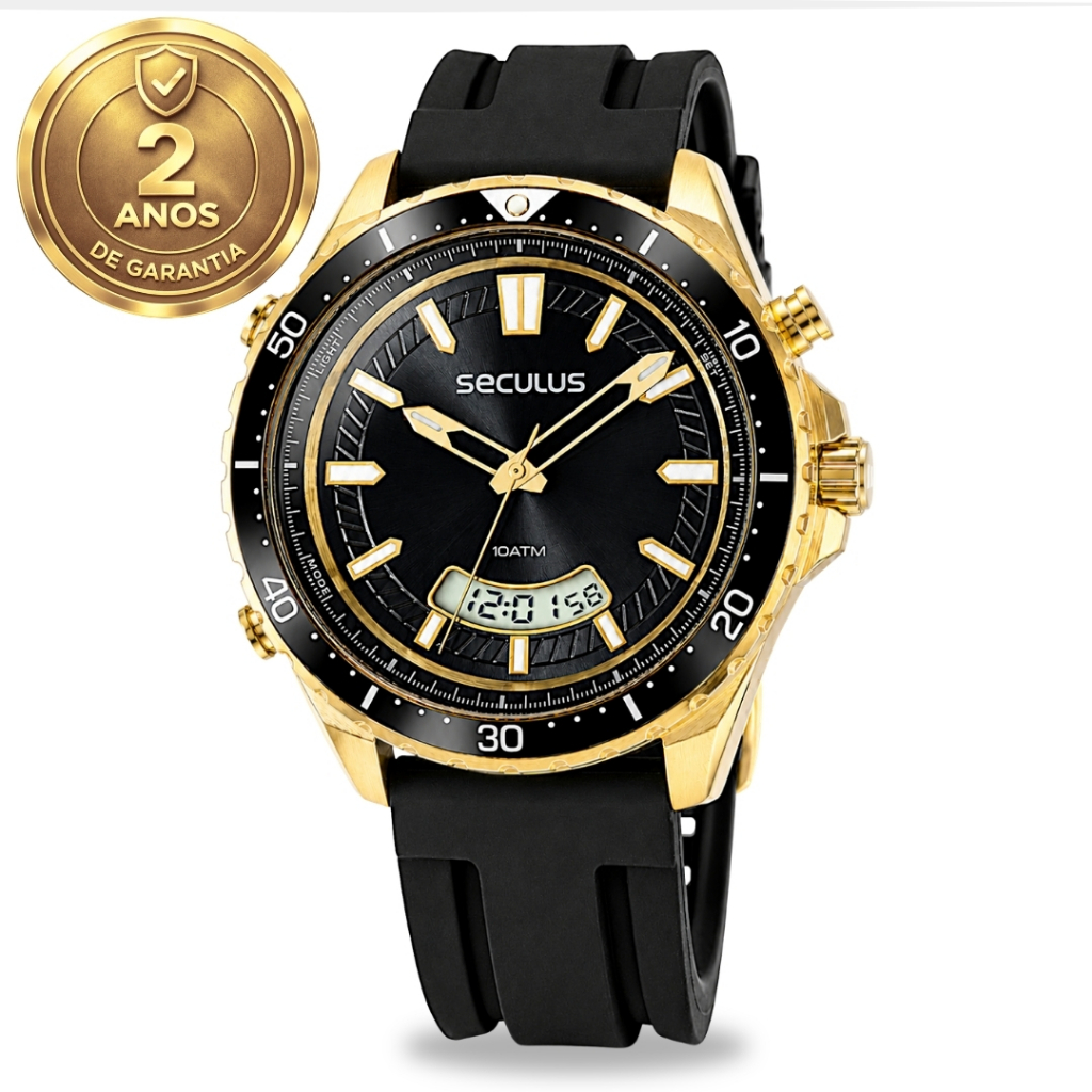 Relógio Seculus Masculino Analógico Digital Esportivo Casual Preto Pulseira Em Silicone Prova D'água100 Metros Original