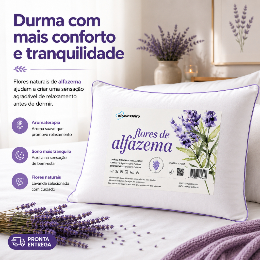 Travesseiro Aromaterapia Flores de Alfazema 50x70cm com Zíper Ajustável Antialérgico
