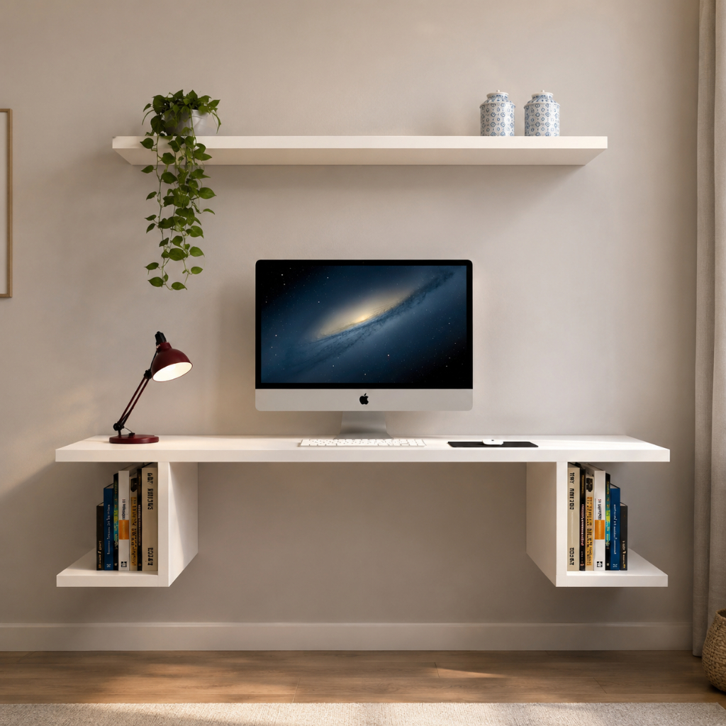 Mesa Suspensa com Prateleira MDF Branco Home Office Decoração multiuso
