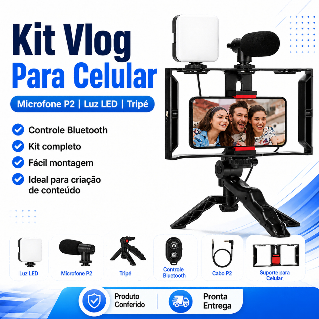 Kit Vlog Para Celular Com Microfone Luz LED Tripé Bluetooth Suporte Gaiola
