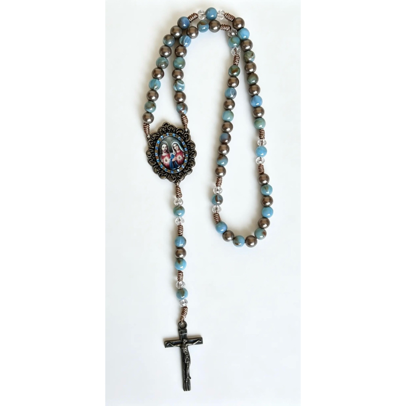 Terço Artesanal Sagrado Coração de Jesus e Maria | Contas 8mm Azul e Ouro velho | Crucifixo em Metal | Presente Católico