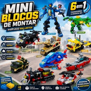 Brinquedo Blocos de Montar 6 em 1 compatível lego bloco, Robô, Trem,Dinossauro, Helicóptero, Presente Natal Dragão Ninja