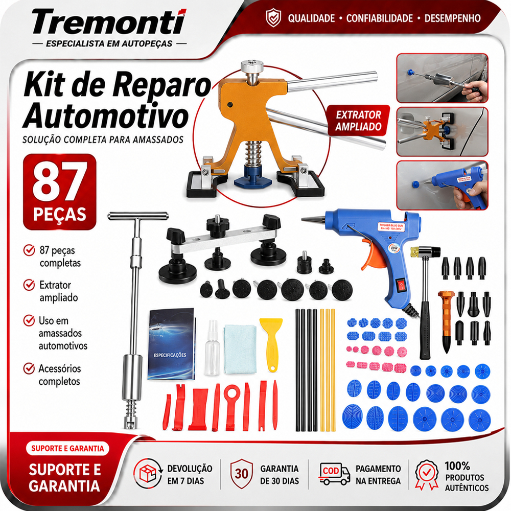 Kit 87 Profissional Martelo De Tubarão + Ventosa e Extrator T para Reparo de Amassados na Lataria - Universal