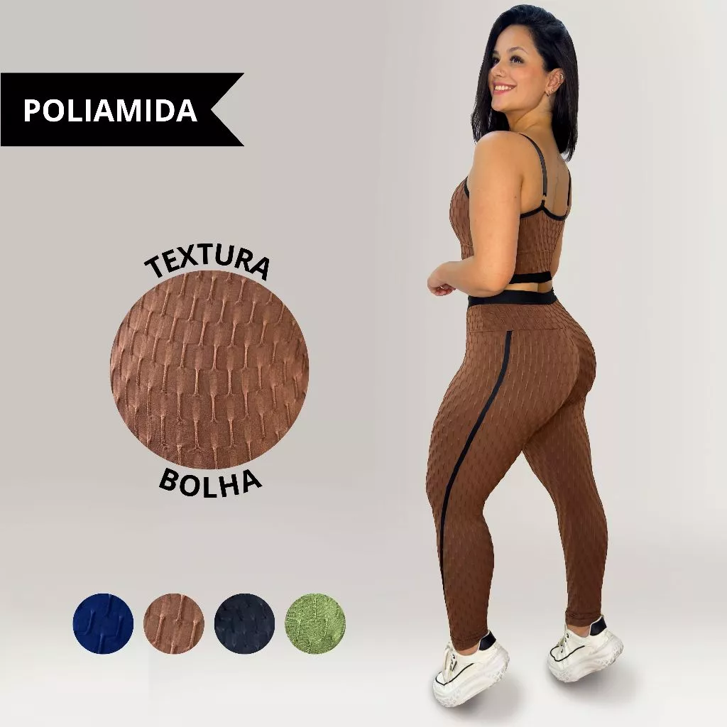 Conjunto Academia Feminino Fitness Brocado Bolha - Cropped e Legging Poliamida — imagem 1
