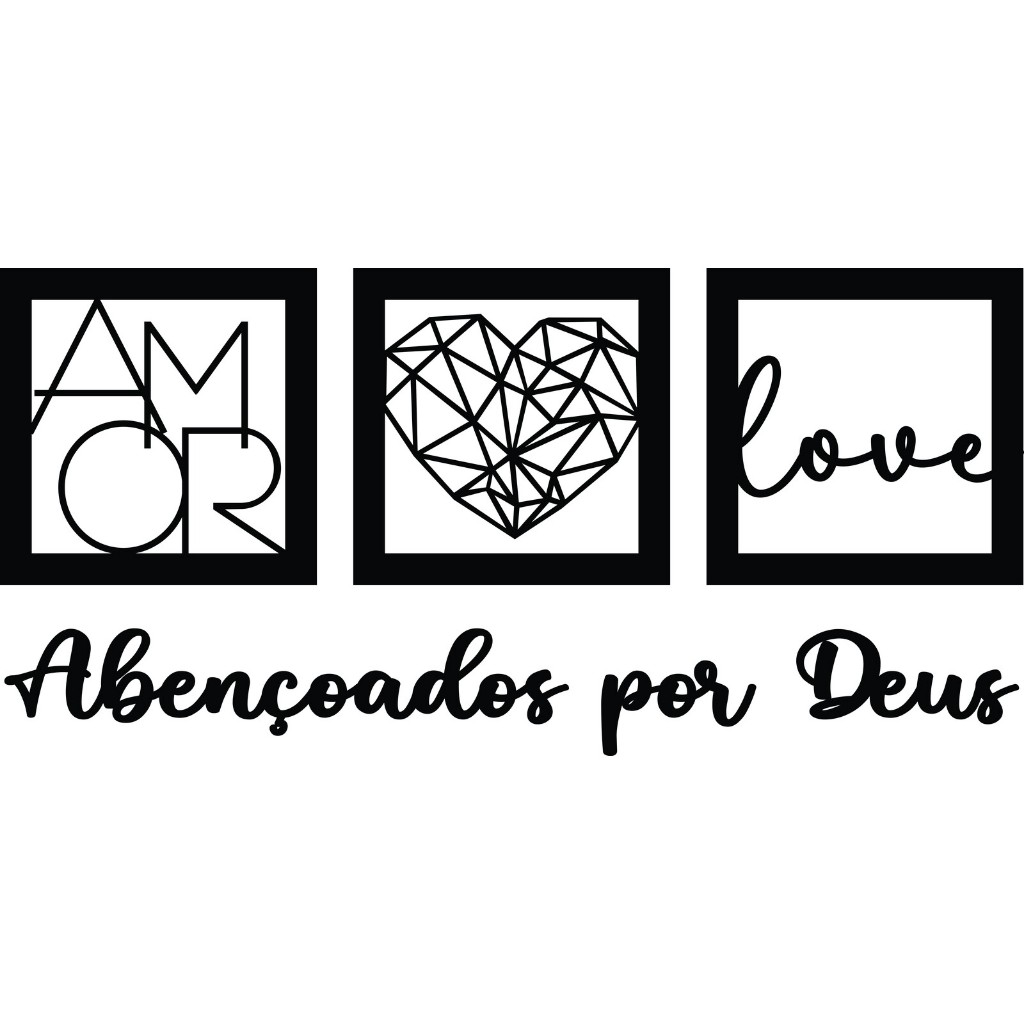 Kit Abençoados por Deus 3 Quadros + Frase MDF Preto Love Coração Cristã Sala Decoração Parede