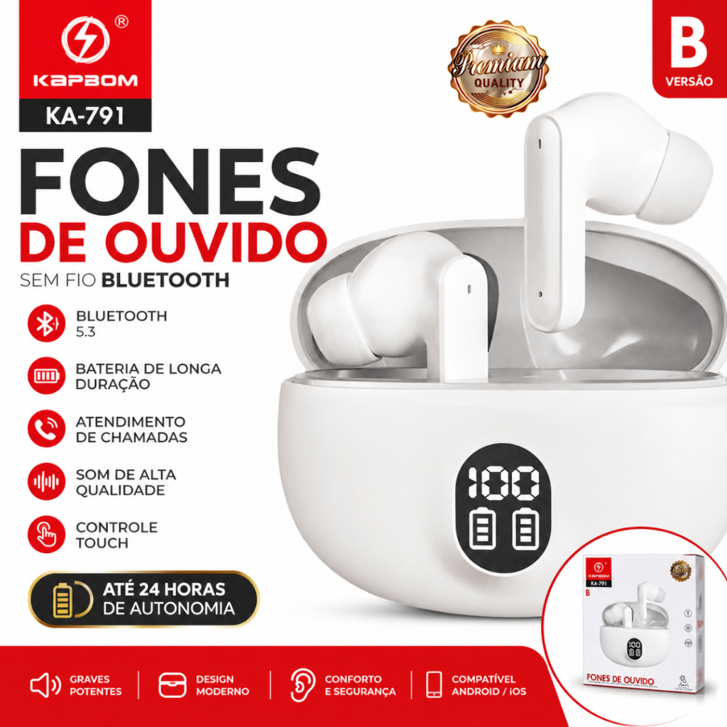 Fone Bluetooth Sem Fio Tws Display Digital Kap Bom 791 Graves Potentes Microfone Android - Miniatura 3
