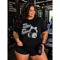 Camiseta Plus Size Feminina Academia Meu Ritmo Meu Treino Algodão Estampada G1 G2 G3 Fitness Casual